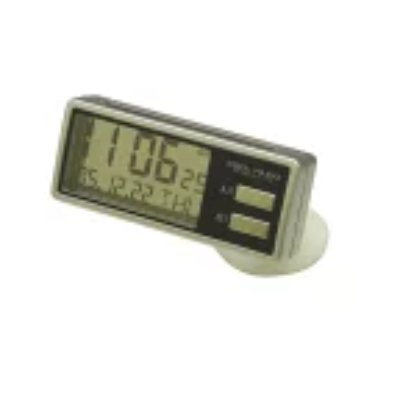 Rectangular digital car clock with an LCD display, two buttons, and a round suction mounting pad.