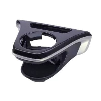 Triangular black and silver air-conditioner clip-on drink holder shown on a white background.
