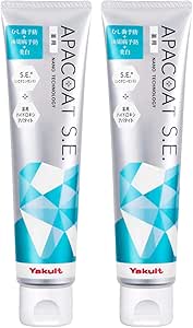 Two tubes of Apacoat S.E. toothpaste with Yakult branding and a blue geometric design on a white background.