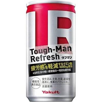 Front view of a Yakult Tough-Man Refresh silver and red 6.7 oz (190 g) can showing the product label.
