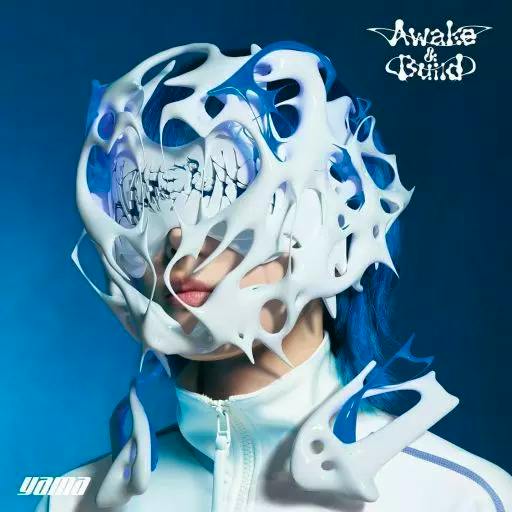Cover art for yama's CD "awake＆build" (regular edition) showing a person with blue hair wearing a white abstract mask against a blue background.
