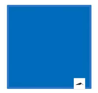 Blue square hand towel with a thin darker border and a small white tag bearing a black symbol at the bottom-right.