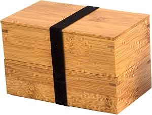 Wooden two-tier bento box with a black elastic strap.