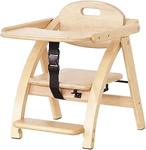 Yamatoya wooden baby low chair in natural finish with an attached tray, safety strap, and footrest.