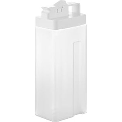 White rectangular plastic pitcher with an integrated handle and flip-top lid.