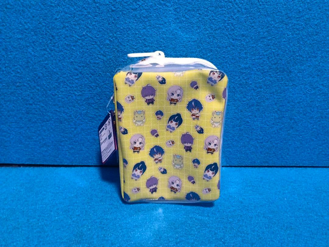 Front view of the yellow clear plastic pouch (case) with chibi character print and a white zipper tag set against a blue background.