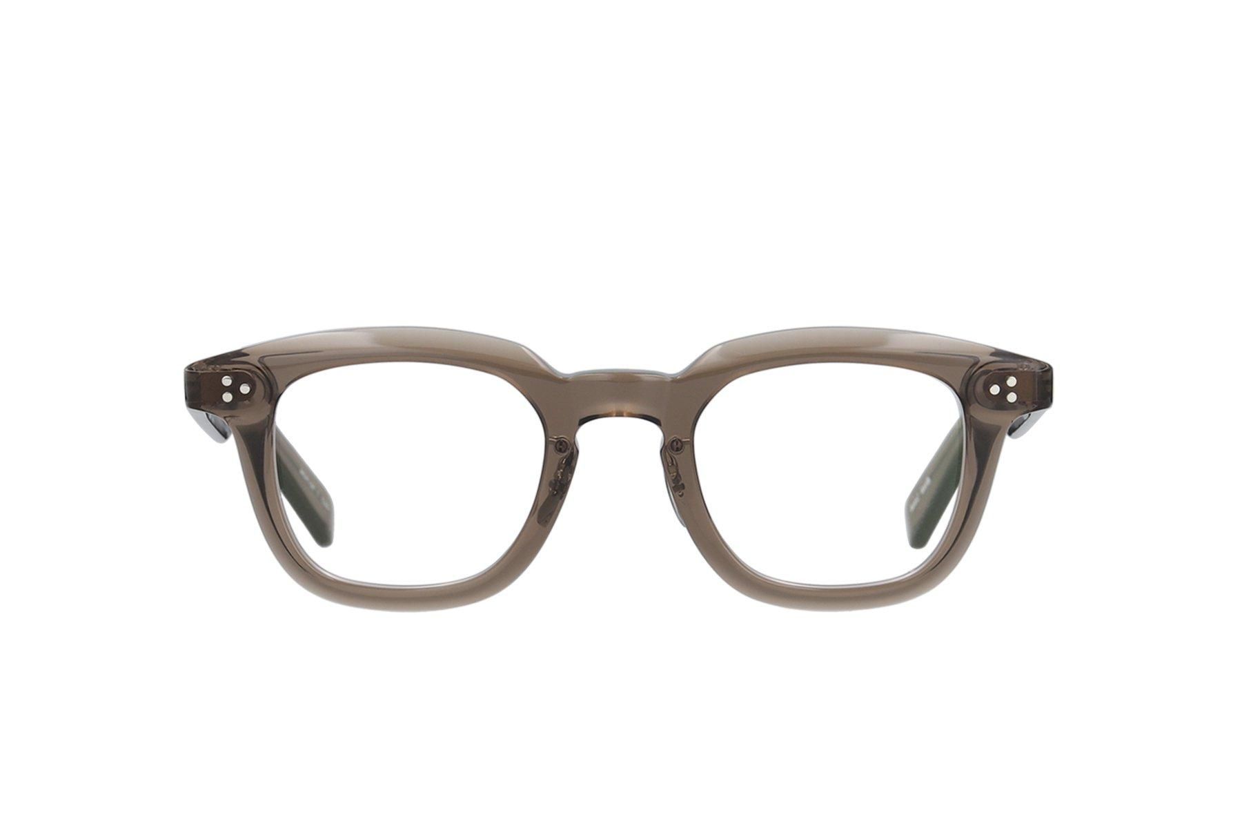 Front view of YELLOWS PLUS glasses with translucent brown rectangular frames on a white background.