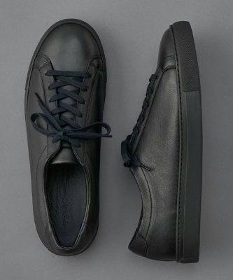 Top and side views of a black leather shoe on a gray background.