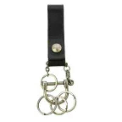 Black leather belt-loop keychain with a snap button and several metal key rings.