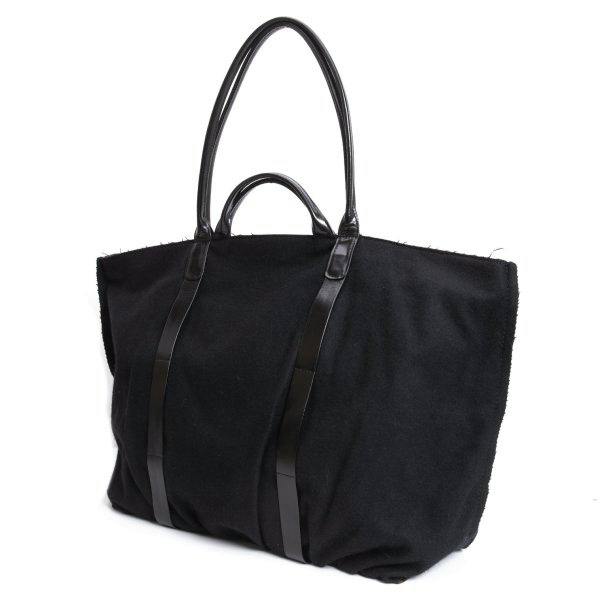Black Yohji Yamamoto FEMME tote bag with long and short leather handles shown on a white background.