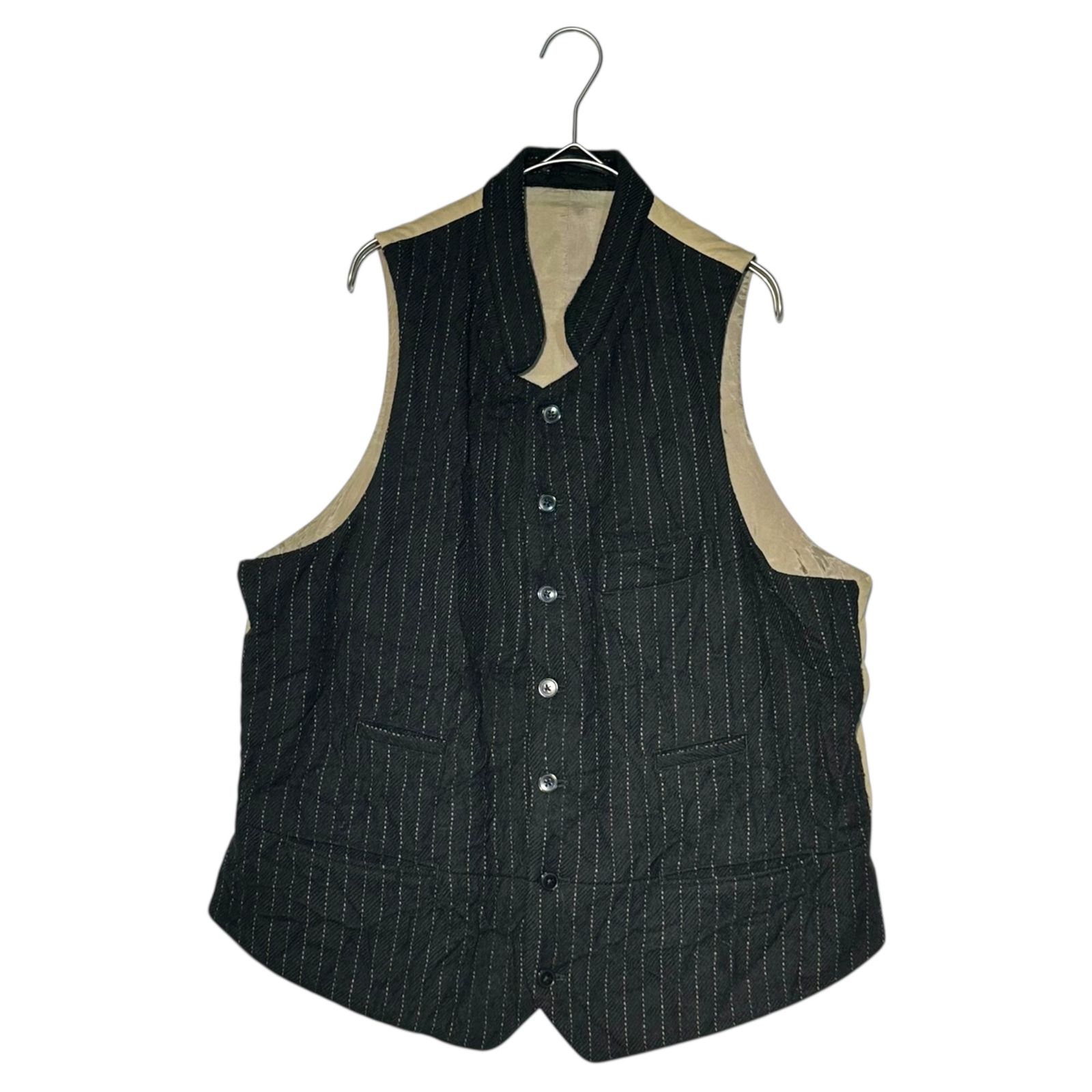 Black striped wool vest on a hanger, front view showing buttons and front pockets.
