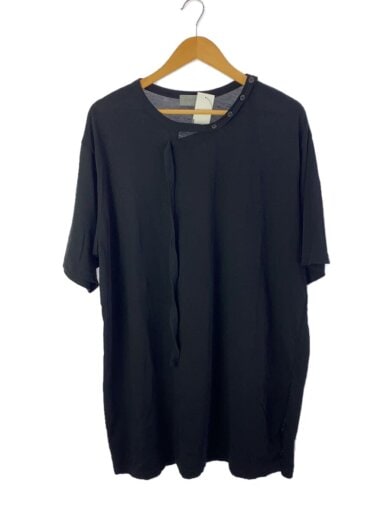 Black yohji yamamoto POUR HOMME women's cotton blouse hanging on a wooden hanger against a white background.