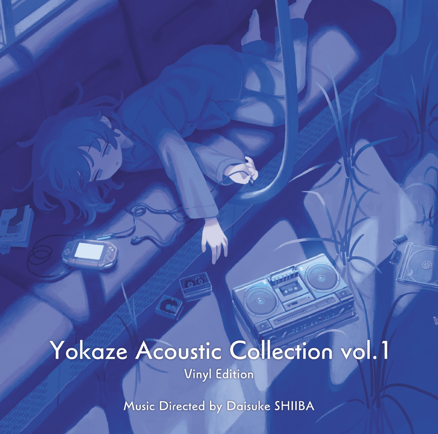 Blue-toned cover artwork showing a person reclining near a cassette player and guitar with the text "Yokaze Acoustic Collection vol.1 Vinyl Edition".