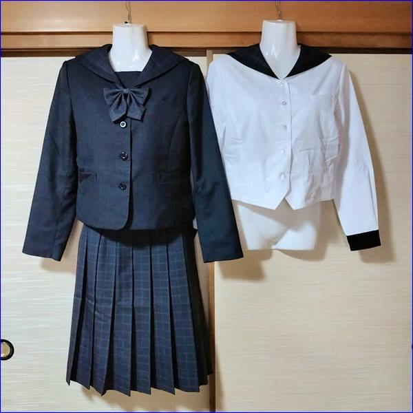 Dark navy school uniform jacket with bow and matching pleated skirt shown beside a white sailor-style blouse on torso mannequins.