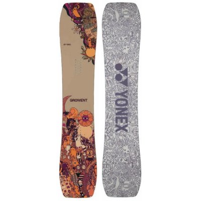 Front and back of the Yonex GROWENT snowboard showing deck graphics and the YONEX logo.