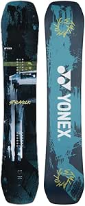 Front and back views of a YONEX STYLAHOLIC snowboard showing blue and teal graphic tops and base.