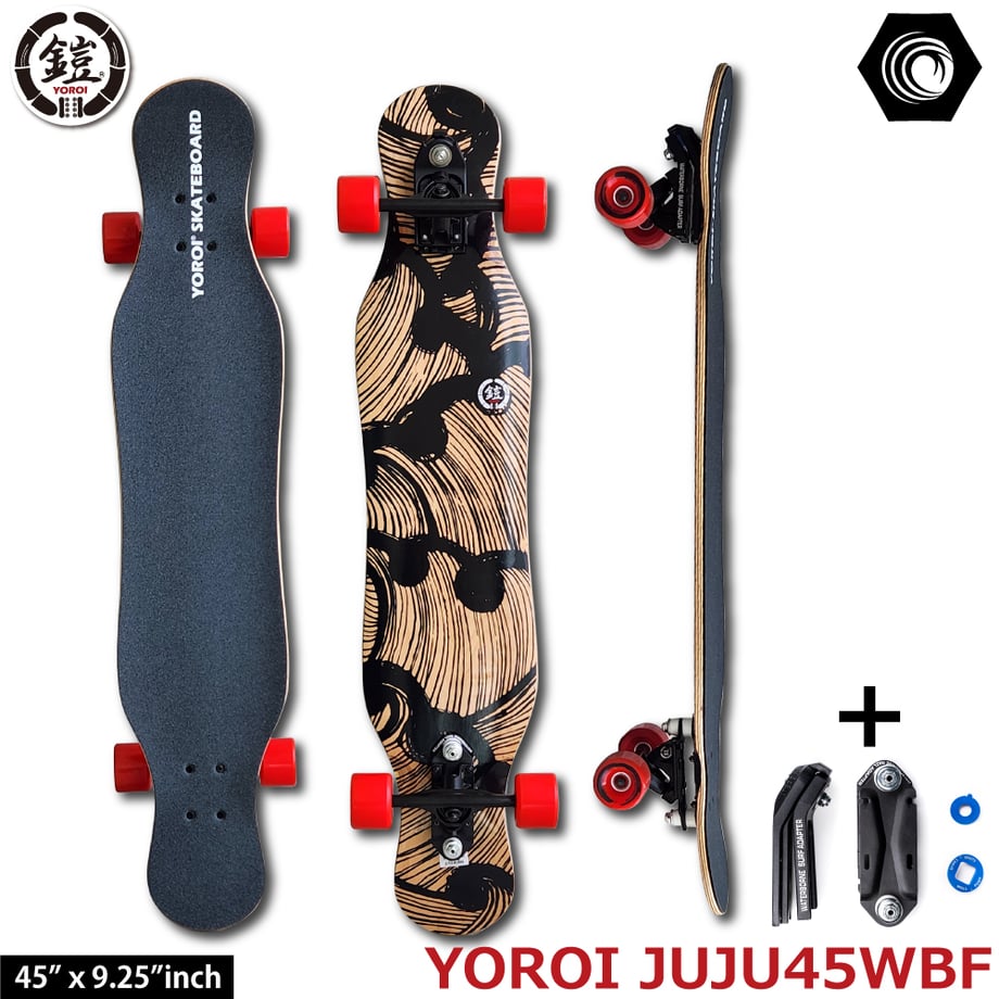 A YOROI JUJU45 skateboard shown from top, bottom, and side views with red wheels and a patterned wooden deck.