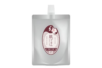 Front view of a silver spout pouch of face soap showing a maroon oval label with Japanese text and a woman's profile silhouette.