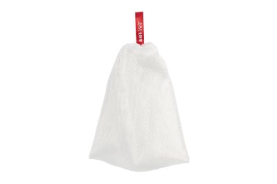 A white facial cleansing mesh net (wash net) with a red hanging tag on a white background.