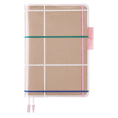 Clear plastic A5 book cover with dotted-plaid grid shown over a tan notebook on white background.