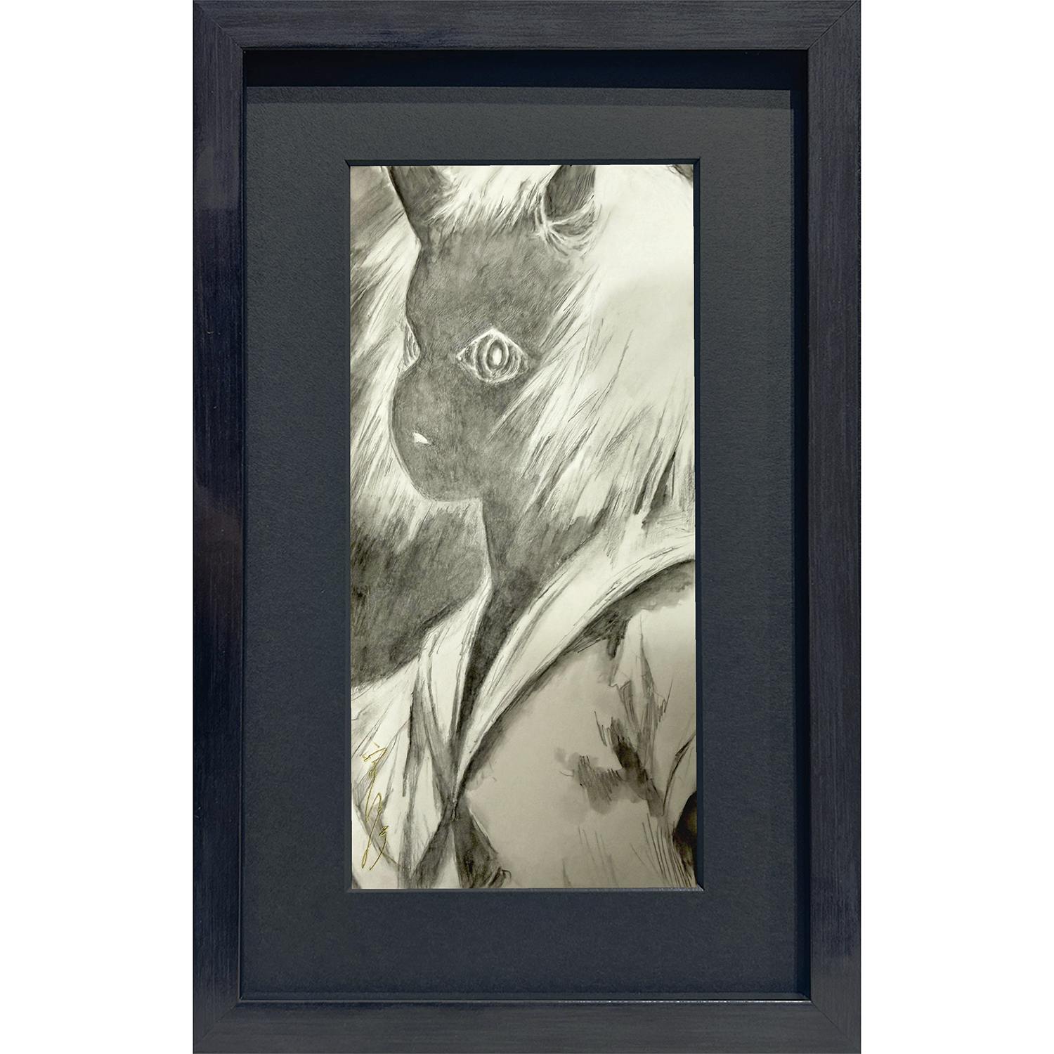 Framed grayscale art print showing a stylized portrait of a figure with large eyes and light-colored hair.