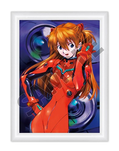 Framed art print showing Asuka Langley Soryu from Neon Genesis Evangelion in a red plugsuit, displayed in a white frame with a diagonal SAMPLE watermark.