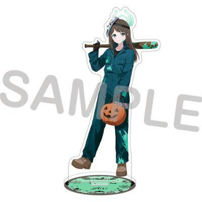 Acrylic decorative stand featuring an illustrated character in a dark jumpsuit holding a bat and a jack-o'-lantern, mounted on a round base.
