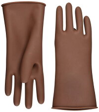 Two brown electrical insulating rubber gloves laid flat side by side, showing palm and back views.