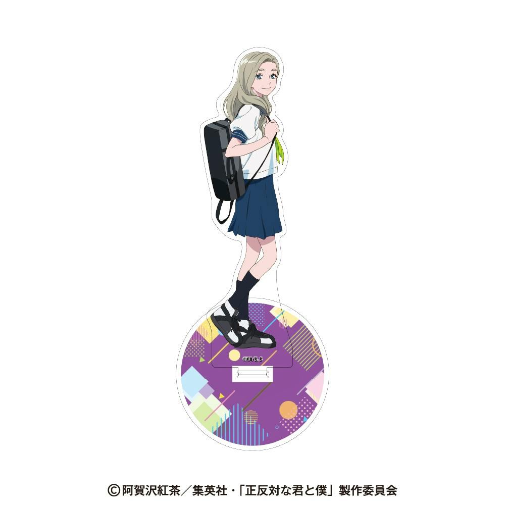 A full-body acrylic stand showing a girl in a school uniform with a backpack standing on a purple patterned round base.
