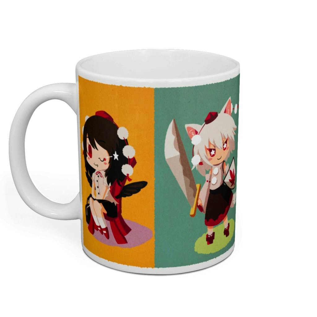White ceramic cup showing colorful chibi character illustrations printed on the exterior.