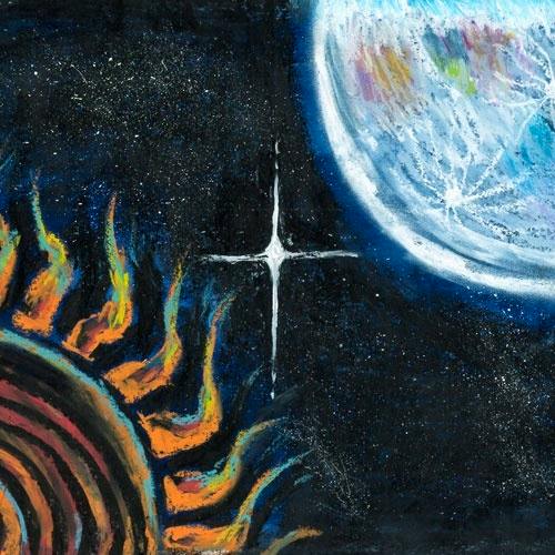 Illustrated cover art showing a stylized sun and a planet against a starry space background.