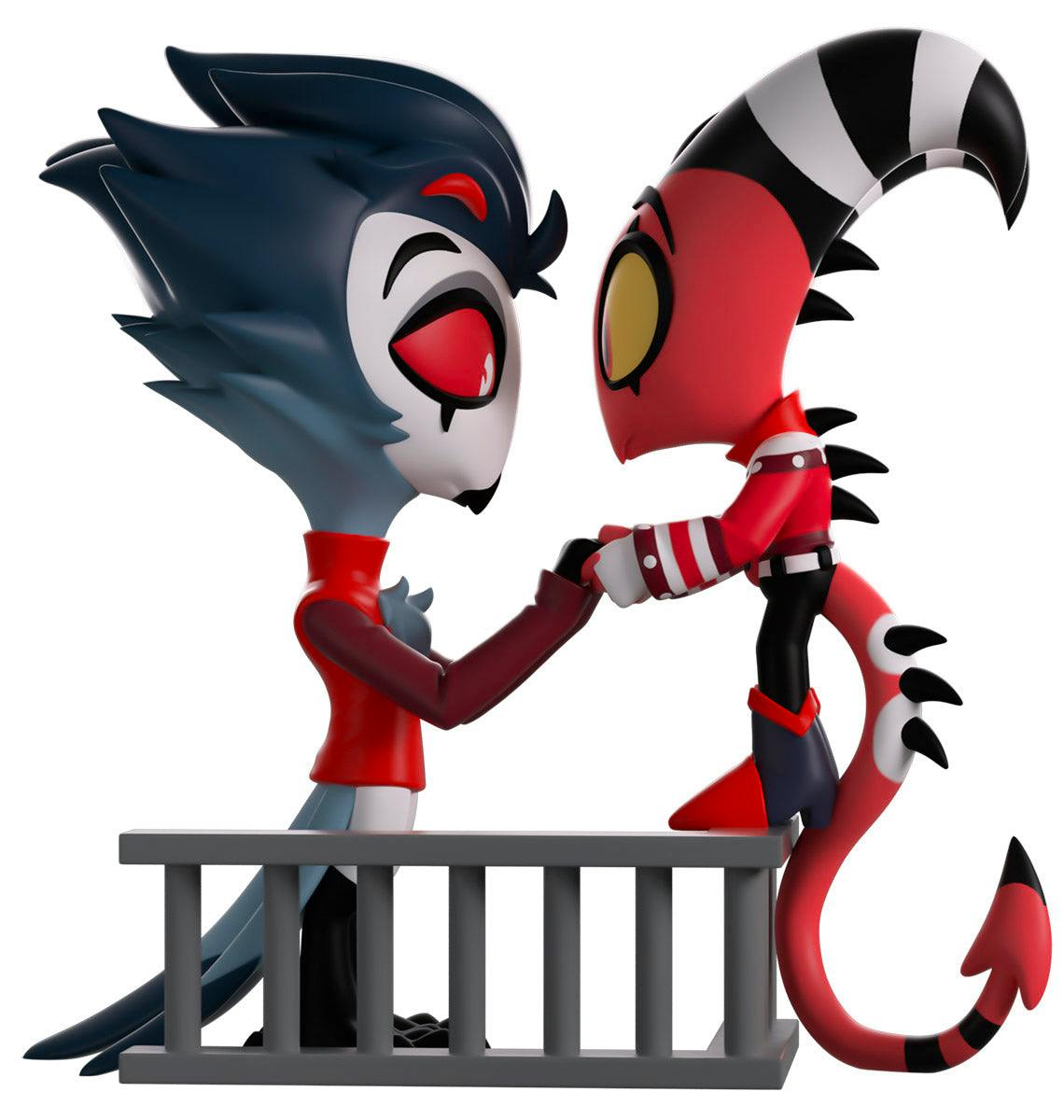 White-background photo of the Youtooz HELLUVA BOSS figure (ブリッツ&ストラス) showing the two stylized plastic figures facing each other and holding hands.