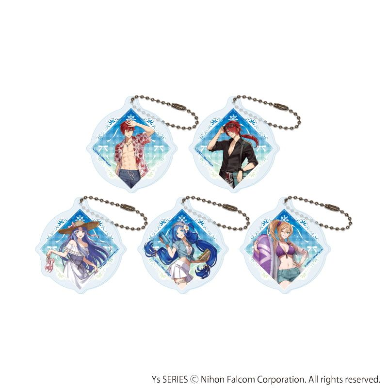 Five acrylic keychains (Picnic ver.) showing character illustrations arranged together on a white background.