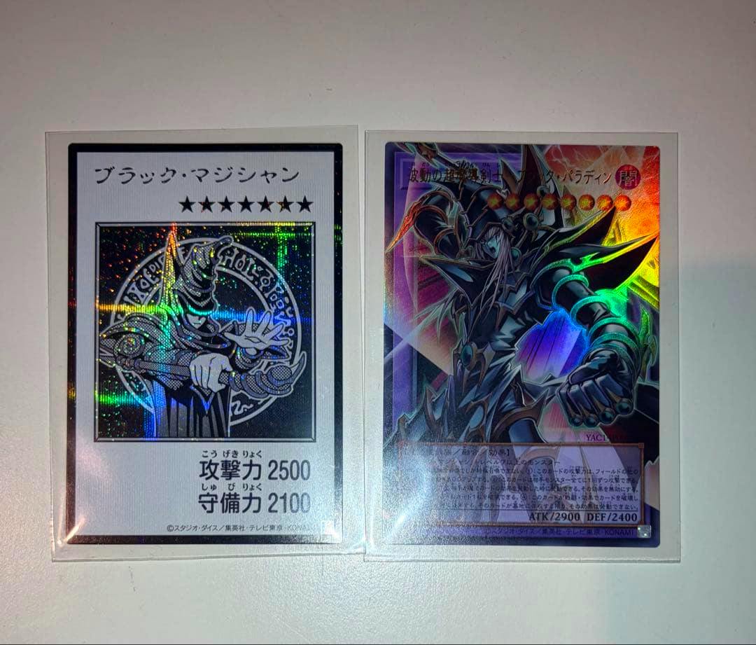 Fronts of two Yu-Gi-Oh! trading cards in sleeves on a white background, showing Black Magician at left and Black Paladin at right.