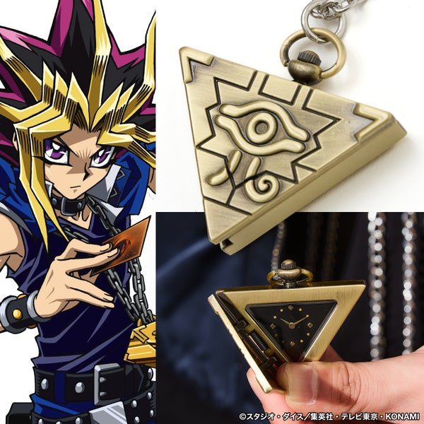 Millennium Puzzle–style triangular pocket watch shown closed with embossed eye, open to show a triangular watch face, and pictured alongside a Yu-Gi-Oh character illustration.