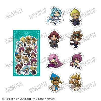A sticker sheet and individual die-cut chibi character stickers from the Yu-Gi-Oh collaboration, shown against a white background with a teal backing card.