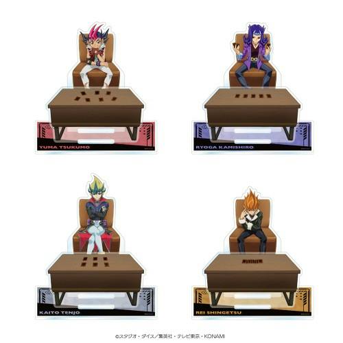 Four "Yu‑Gi‑Oh! ZEXAL" acrylic diorama decorative stands, each showing a seated character behind a table, arranged in a grid.