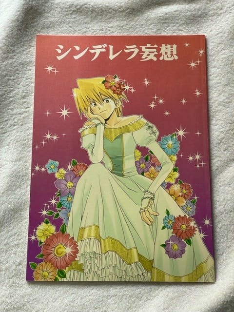 Photograph of the comic book front cover titled 「シンデレラ妄想」 depicting an illustrated character in a dress surrounded by flowers.