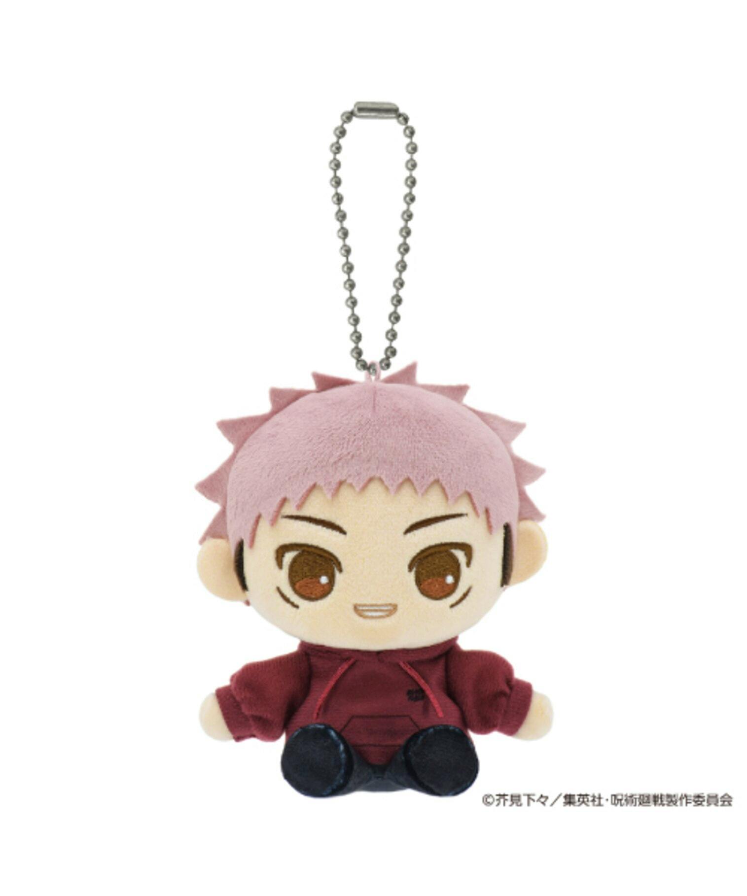 Front view of the Itadori Yuji plush mascot keychain showing the character's face, pink hair, red hoodie, and an attached metal bead chain.