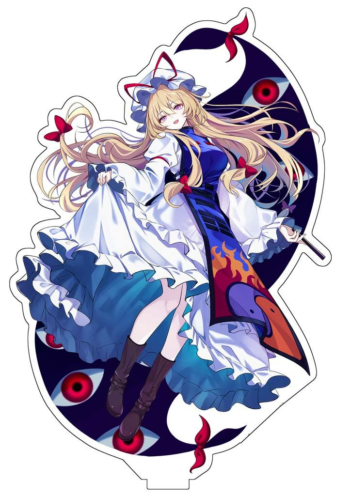 Cutout acrylic stand showing 八雲紫 (Yukari Yakumo) artwork of the character in a frilly dress with a dark background featuring stylized eyes.