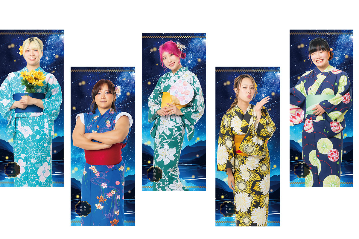 Five polyester visual bath towels printed with full-body images of people wearing yukata displayed against a blue background.