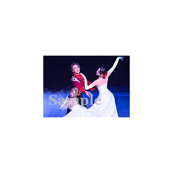 Stage photograph from 花組バウホール公演『赤と黒』 showing three performers in formal costumes dancing on stage with a "Sample" watermark.