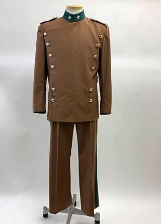 Front view of a brown military-style cosplay shirt and matching trousers displayed on a mannequin.