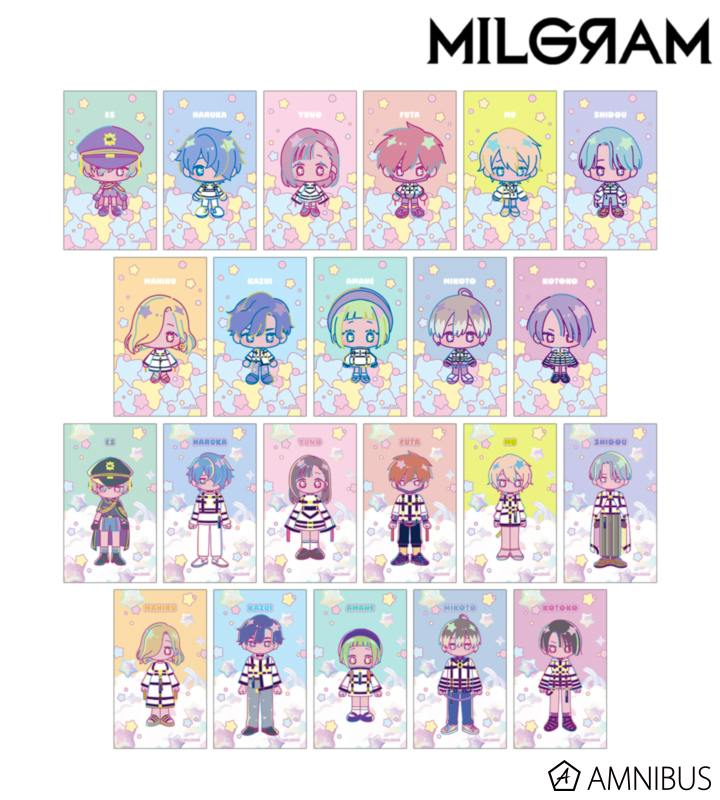 A sheet showing multiple illustrated photocard designs arranged in rows, each with a chibi character on a pastel starry background.