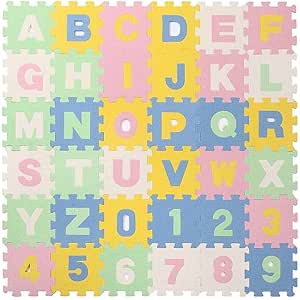 Interlocking puzzle floor mat pieces with letters and numbers in pastel colors arranged in a grid.