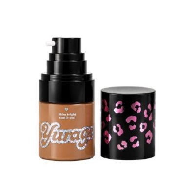 Yurage foundation bottle with a black pump and a black cap decorated with pink leopard spots.
