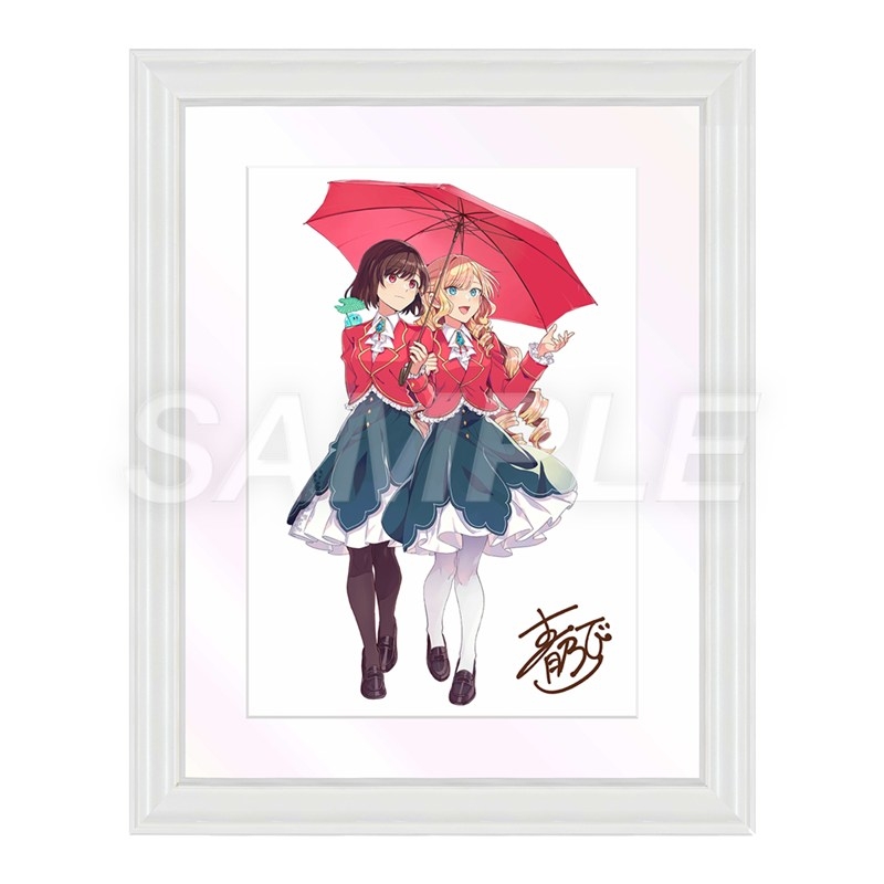Framed A4 character art print depicting two girls in red jackets sharing a red umbrella, with a signature and a large "SAMPLE" watermark.