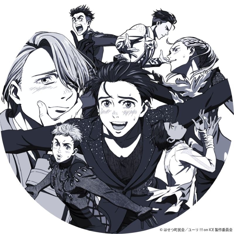 Monochrome circular illustration showing multiple Yuri!!! on ICE characters in dynamic poses.