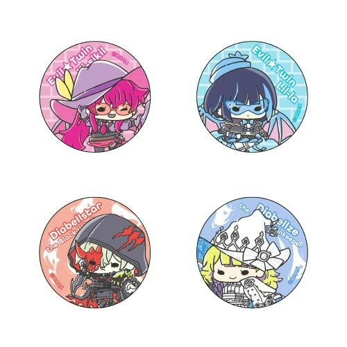 Four round can badges displaying chibi-style character illustrations arranged in a two-by-two grid.
