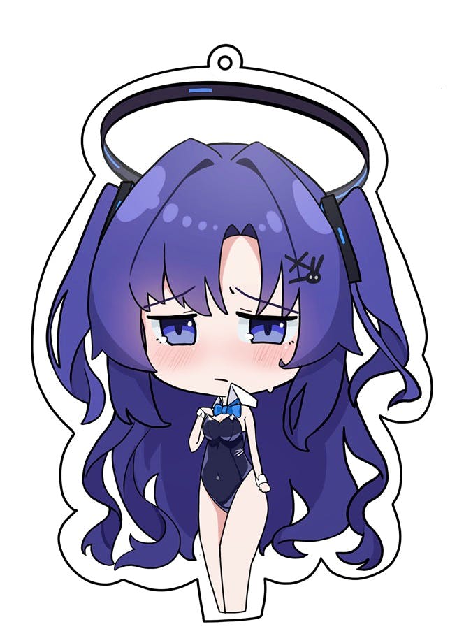 Chibi acrylic keychain image of 早瀬ユウカ in a bunny swimsuit with a visible keyring hole.
